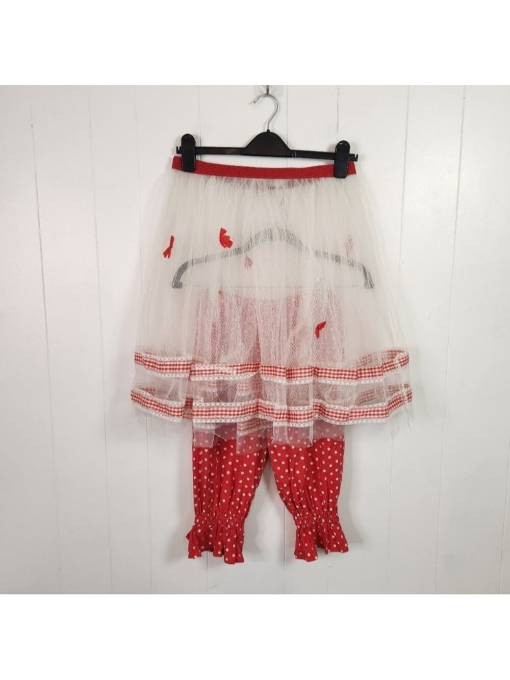 Vintage Red White Polka Dot Bloomers Tulle Tutu Skirt Gingham Bows Costume Med